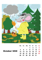 Children calendar 2020 for October, with main hero rat or mouse, a symbol of the new year. The week starts on Monday. Cartoon style digital drawing, vector