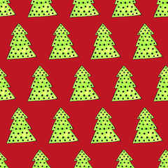 Watercolor decorated Christmas tree seamless pattern. Hand drawn evergreen plants, balls. Spruce backdrop for design, cards, kids illustration, wrapping paper