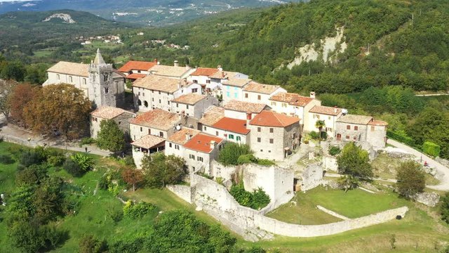 Beautiful old town of Hum on the hill in Istria, Croatia, aerial view from drone