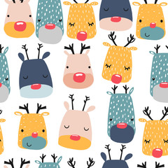 Seamless pattern with funny deers. Winter holiday print.