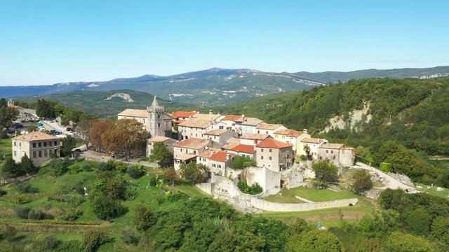 Beautiful old town of Hum on the hill in Istria, Croatia, aerial view from drone