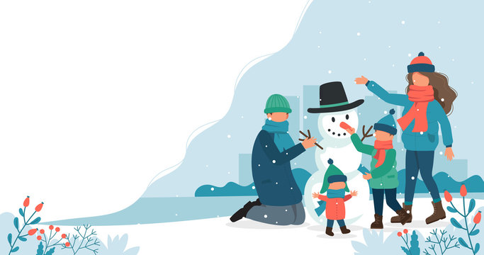 Family making a snowman in winter. Cute vector illustration in flat style.