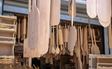 Hanging wooden oven shovels.