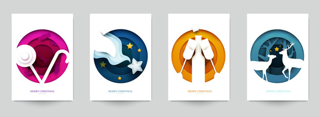 Set background for covers, invitations, posters, banners, flyers, placards. Minimal template design for branding, advertising with winter christmas composition in paper cut style. Vector illustration.