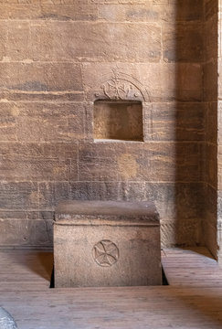 Remains of Christian church in Isis temple at Philae, with crosses carved into the older hieroglyph reliefs, and images of the Egyptian gods carefully defaced, Aswan, Egypt