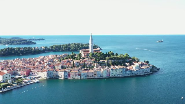 Croatia, Istria, beautiful old town of Rovinj on Adriatic sea coastline, aerial view from drone