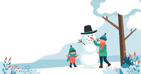 Children making a snowman in winter. Cute vector illustration in flat style.