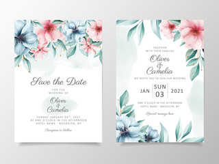 Beautiful watercolor flowers wedding invitation card template set. Floral illustration background of peach and red botanic for invites, greeting, save the date, poster vector