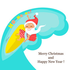 Santa Claus surfing with gifts rolling on the wave