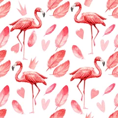 Fototapete Flamingo nahtloses Muster ein isolierter weißer Hintergrund, Aquarellillustration, niedliche rosa Flamingovögel malen, Federn, Herz, Krone