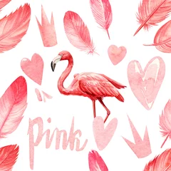 Papier Peint photo Flamingo modèle sans couture un fond blanc isolé, illustration à l& 39 aquarelle, peinture d& 39 oiseaux flamants roses mignons, plumes, coeur, couronne