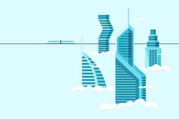 Detailed future city with different architecture high buildings skyscrapers apartments above clouds. Futuristic cityscape town and train. Vector real estate construction over sky illustration