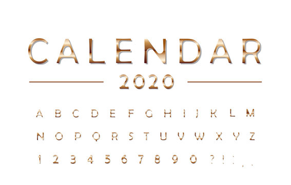 Calendar 2020 font. Classic ABC letters and numbers. Elegant metal alphabet. For organizer, week planner, business brochure design. Vector