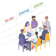 Office meeting flat vector isometric illustration. Business meeting concept, quarterly report, work planning, brainstorming. People sit at the table and discuss work near the board with tasks