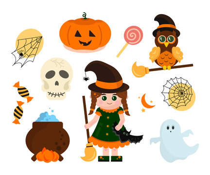 Halloween image set flat vector illustration. Images isolated on a white background: skull, pumpkin, witch girl, spider, owl, broom, cauldron, sweets. Concept for greeting cards, banners, invitations.