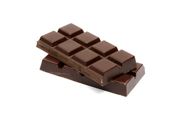 Pieces of dark chocolate bar isolated on white background