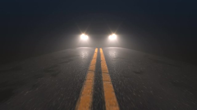 Car headlights following tracking camera on a night country road, seamless loop. Car driving down the road at slow speed with headlights on.