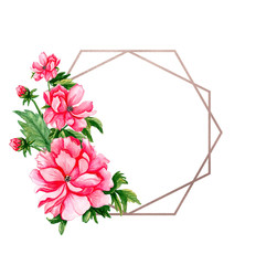 Geometric vintage frame with red buds and green leaves isolated on white. Layout for a greeting card for Valentine's Day, Mother's Day, Wedding or Birthday.