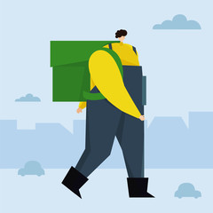 Delivery of packages and food flat vector illustration. Concept for shipping, food service. A messenger walks around the city with a backpack. Delivery man, courier service template.