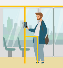 Public transport nfc payment flat vector illustration. A man pays for travel in a non-contact way. Wireless, contactless, cashless payments, rfid nfc concept. Metro, bus, subway ticket validator.