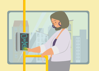 Metro, bus, subway ticket validator flat vector illustration. Wireless, contactless, cashless payments, rfid nfc concept. Public transport nfc payment. Girl uses a travel card in transport. 