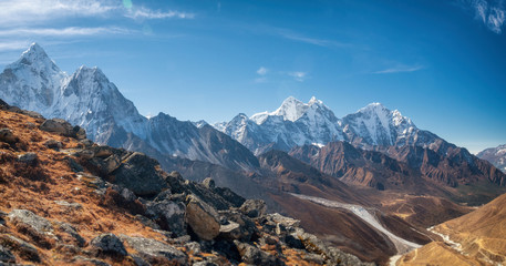 Panoramic view of  great Himalayan range with Ama Dablam in the left corner.  Nepal, Everest area.