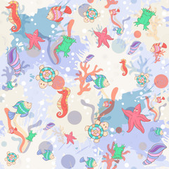 Seamless abstract marine life.Seamless pattern with sea inhabitants on the background color blots,inks. Vector illustration.