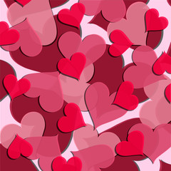 Vector texture of hearts in red and pink colors of different sizes. Valentine's day illustrations, romantic themes. Application in printed materials, wrapping paper and much more.