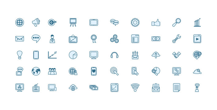 Variety social media and technology icon set line vector design