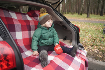 cute little kid boy sits in the trunk of a car on a red plaid and enjoys an autumn picnic alone