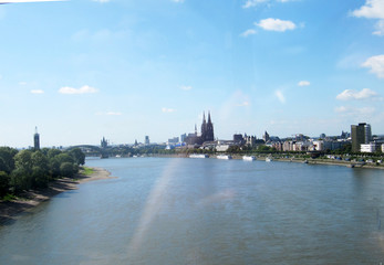 View from the river rhine to the city of Cologne with the cathedral, Germany
