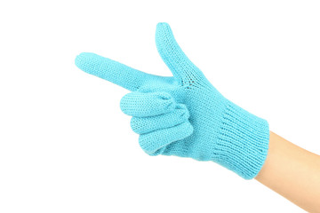 Hand in knitted mitten on white background