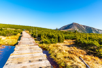 Wooden footpath leads to Snezka Mountain. Giant Mounatins, Krkonose National Park, Czech Republic