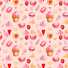 seamless pattern of cakes, hearts, leaves, meringues, macaroons on an isolated pink background, watercolor illustration