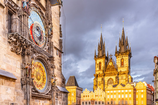 Astronomical clock, Czech: Orloj, and Church of Our Lady before Tyn at Old Town Square in Prgue, Czech Republic