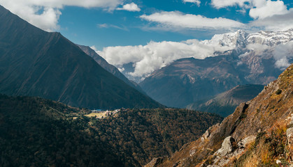 Aerial view to Tengboche Monastery from Everest Base Camp (EBC) trekking route and snowy Kongde Ri...