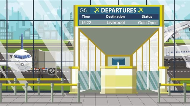 Departure board in the airport terminal with Liverpool caption. Travel to the United Kingdom loopable cartoon animation