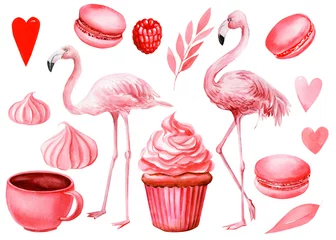 Fototapete Flamingo set of elements cakes, hearts, cookies, leaves, meringues, macaroni, raspberries, pink flamingo on an isolated white background, watercolor illustration