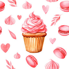 seamless pattern of cakes, hearts, leaves, meringues, macaroons, cookies on an isolated white background, watercolor illustration