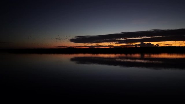 Late sunset over glassy smooth lake, flock of birds flying, pan hand held
