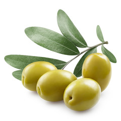 Delicious green olives with leaves, isolated on white background