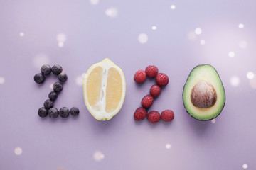 2020 made from healthy food on pastel background, Healhty New year resolution diet and lifestyle