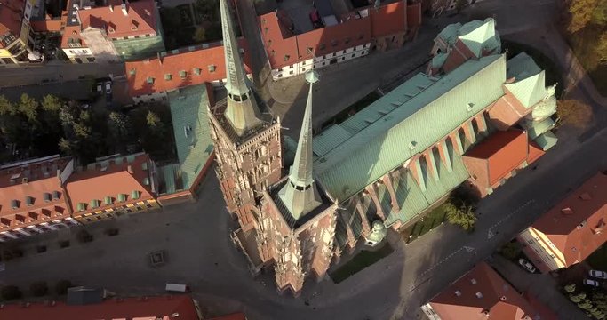 Aerial footage of Oder River in Wroclaw on a sunny morning