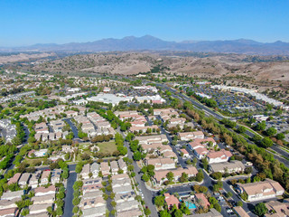 Aerial view of master-planned community and census-designated Ladera Ranch, South Orange County, California. Large-scale residential neighborhood