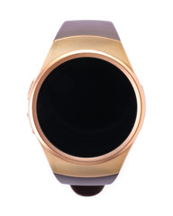 Trendy smart watch on white background, top view