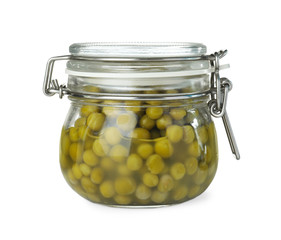 Jar with pickled peas on white background