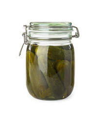 Jar with pickled cucumbers on white background