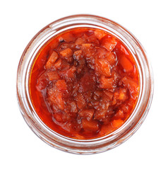 Open jar with pickled vegetables on white background, top view
