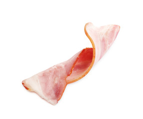 Slice of raw bacon on white background