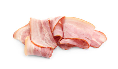 Slices of raw bacon on white background